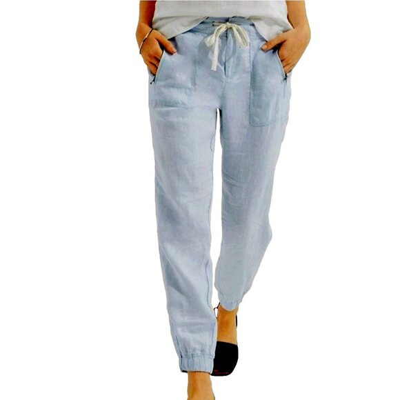 Ann Taylor LOFT Linen & Lyocell Drawstring Pants Cuffed Joggers Chambray Blue S - Picture 1 of 10